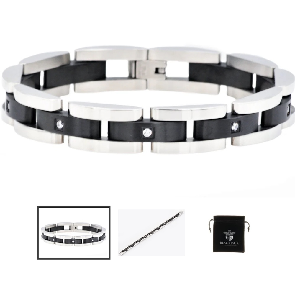 Mens Curved Link Two Tone Black Stainless Steel
Bracelet With Cubic Zirconia